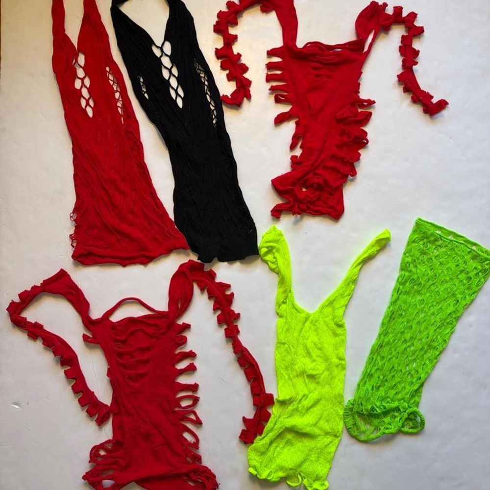 Lot of 6 Exotic Dancer Fishnet Dresses Red Black Neon Green One Size Rave Wear